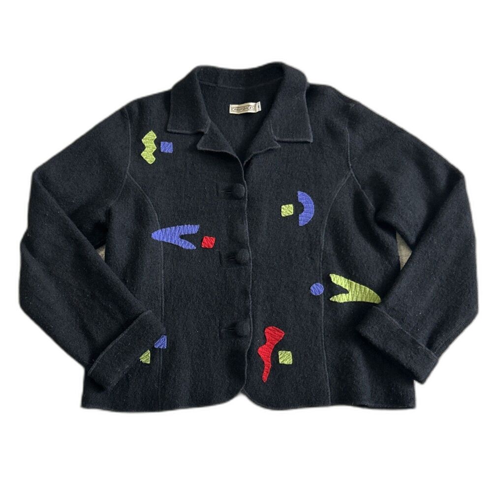 CanvasBacks Blazer Jacket Womens Medium Black Artsy Art To Wear Button Wool